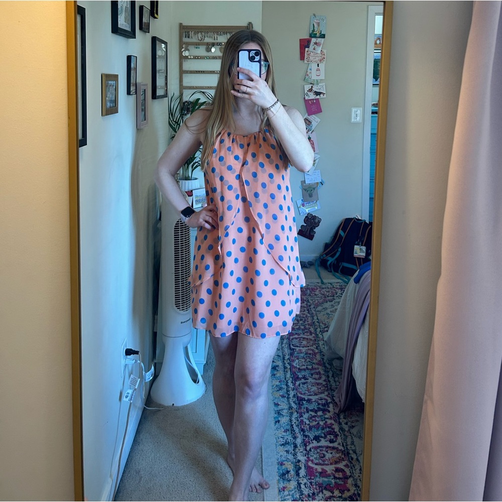 Altar’d State. M. Peach and Blue polka dot tulip dress.